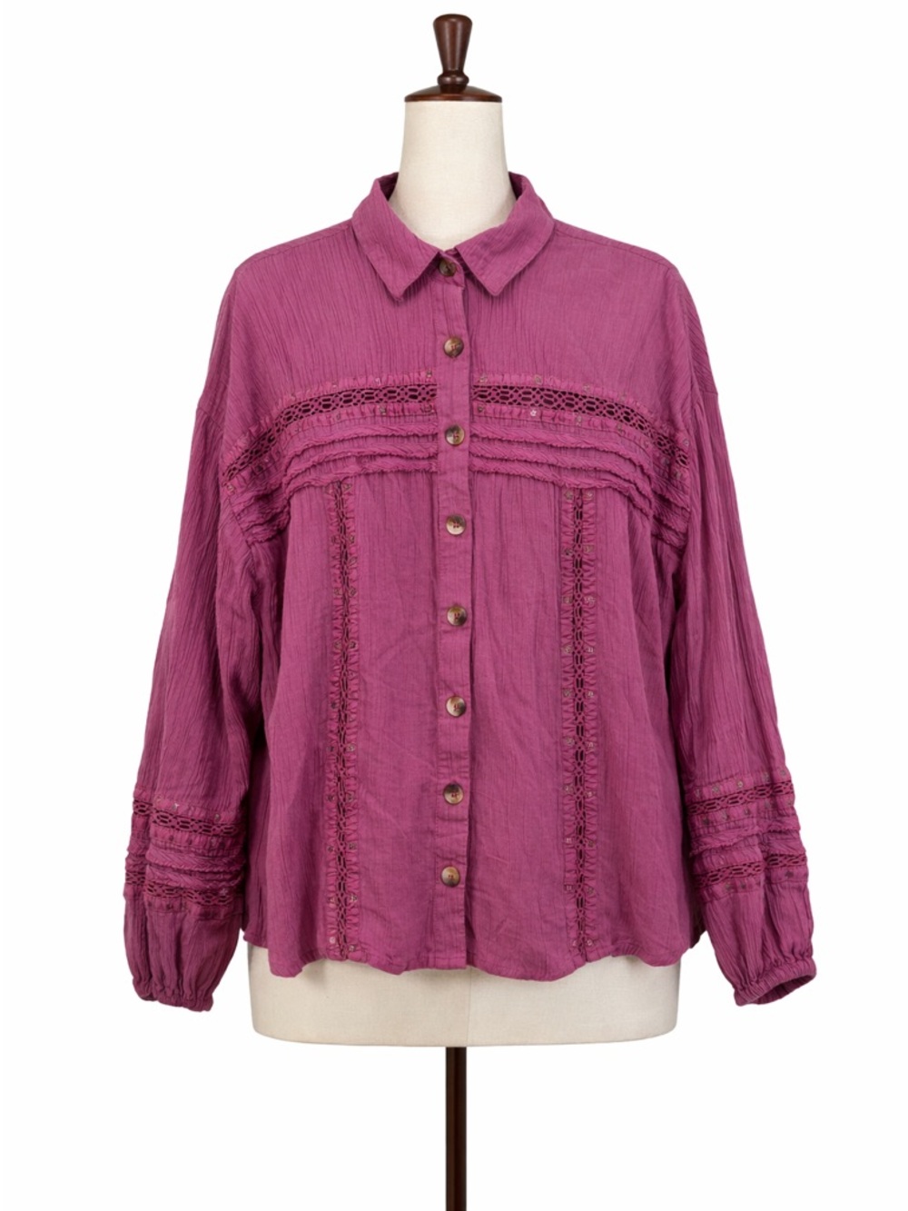 Free People Pink Boho Blouse Large Button Front Lace Detail Top